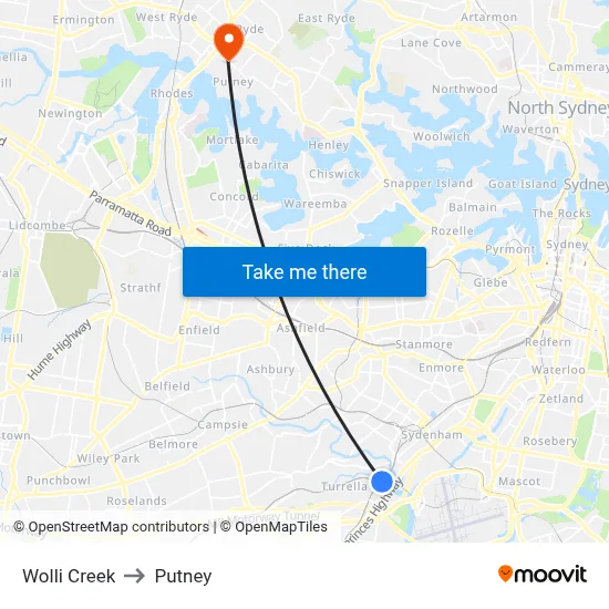 Wolli Creek to Putney map