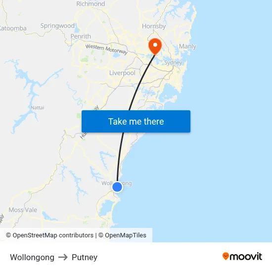 Wollongong to Putney map