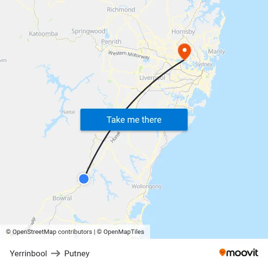 Yerrinbool to Putney map