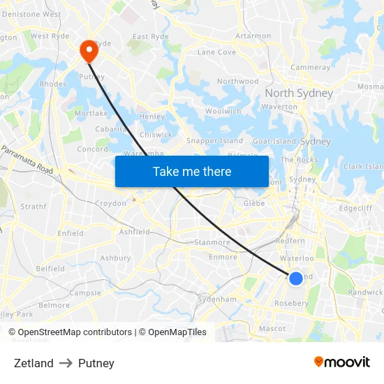 Zetland to Putney map