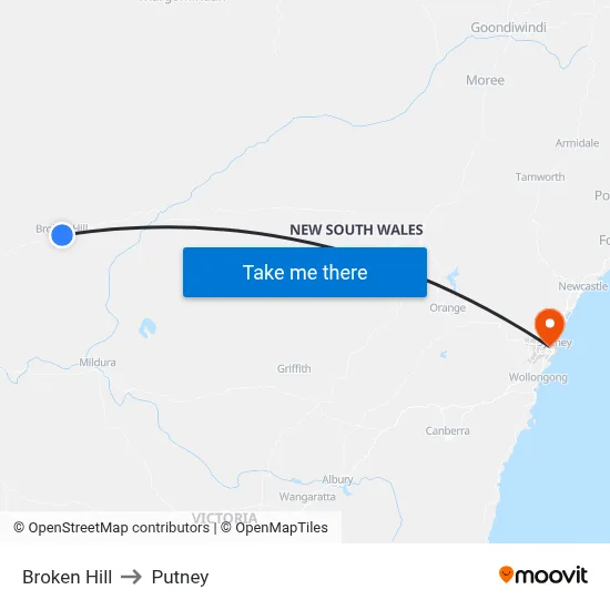 Broken Hill to Putney map