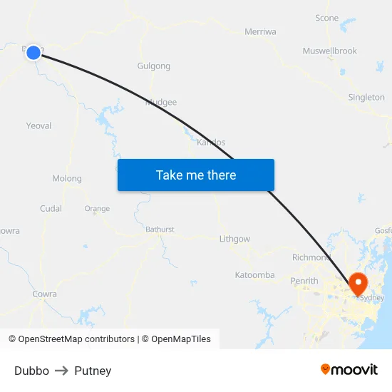 Dubbo to Putney map