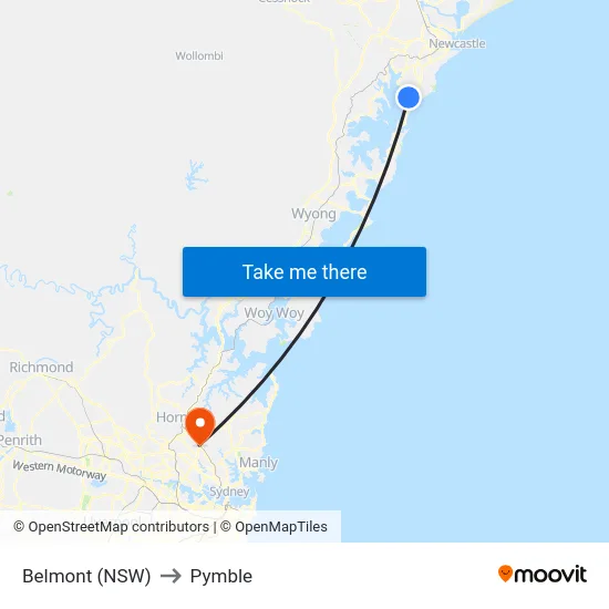 Belmont (NSW) to Pymble map