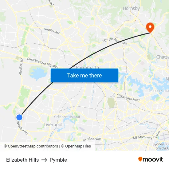Elizabeth Hills to Pymble map