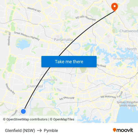 Glenfield (NSW) to Pymble map