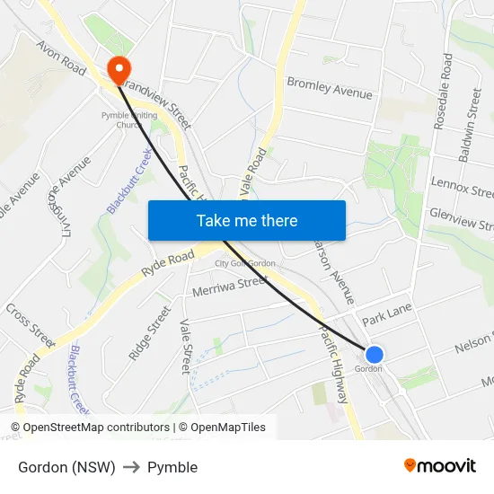 Gordon (NSW) to Pymble map