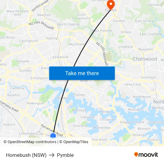 Homebush (NSW) to Pymble map