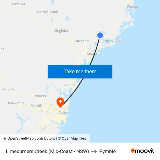 Limeburners Creek (Mid-Coast - NSW) to Pymble map