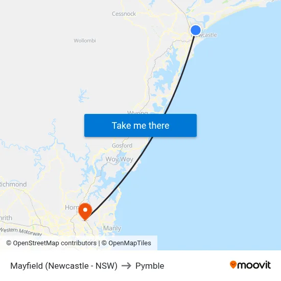 Mayfield (Newcastle - NSW) to Pymble map