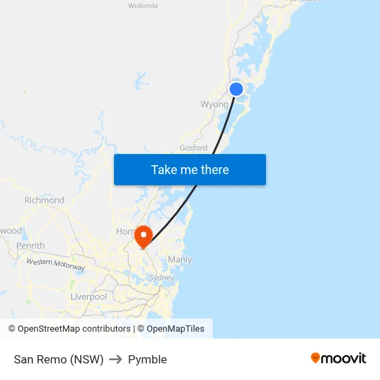 San Remo (NSW) to Pymble map