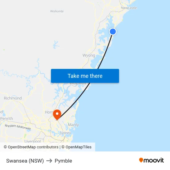 Swansea (NSW) to Pymble map