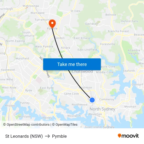 St Leonards (NSW) to Pymble map