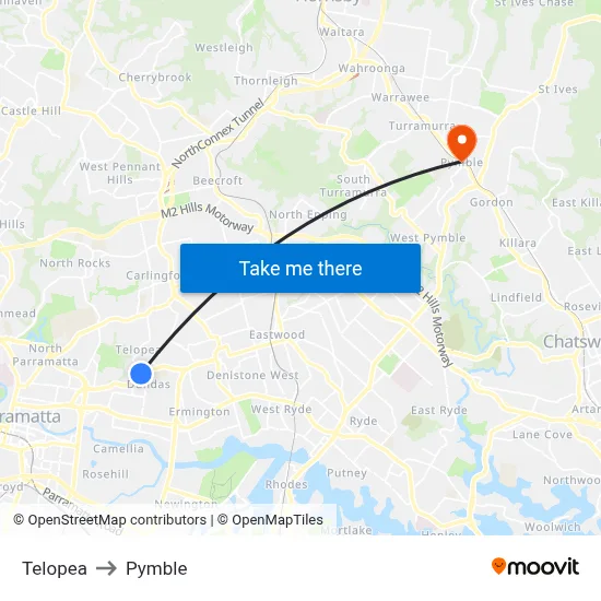 Telopea to Pymble map