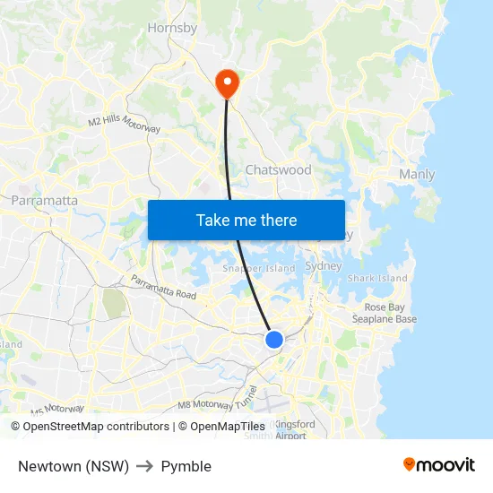 Newtown (NSW) to Pymble map