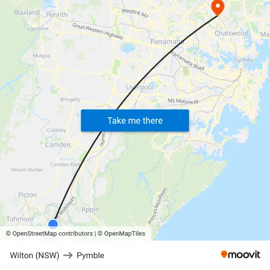 Wilton (NSW) to Pymble map