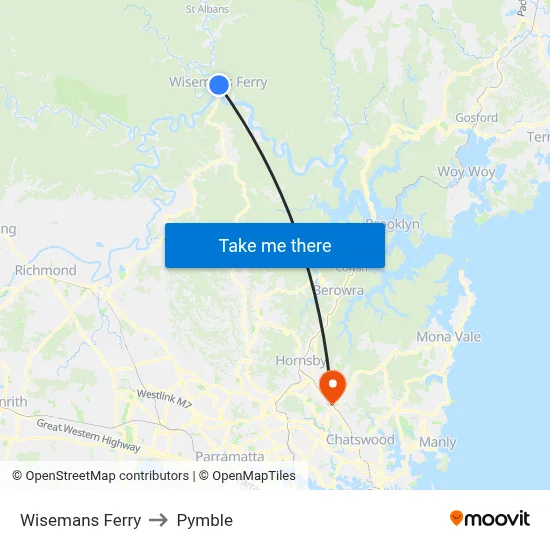 Wisemans Ferry to Pymble map