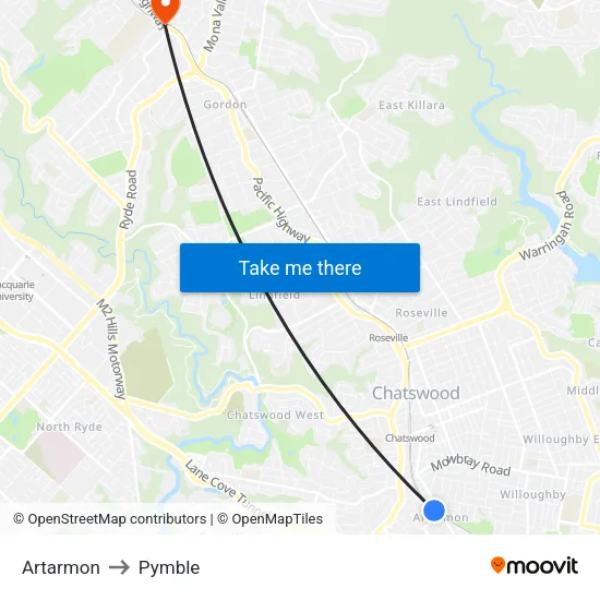 Artarmon to Pymble map