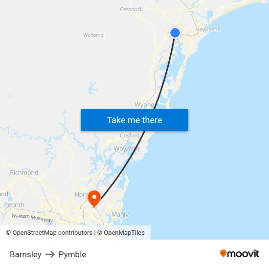 Barnsley to Pymble map