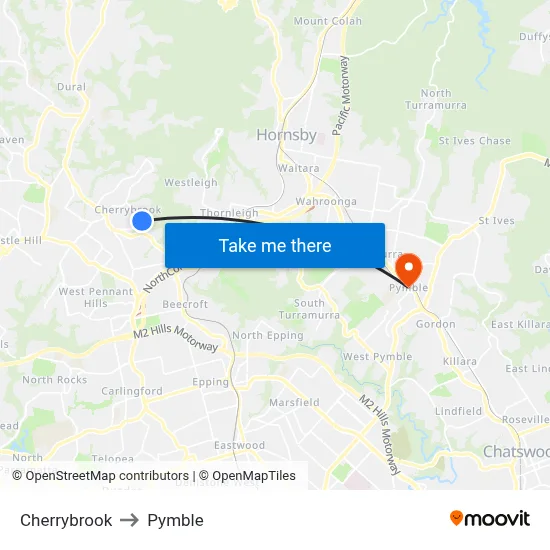 Cherrybrook to Pymble map