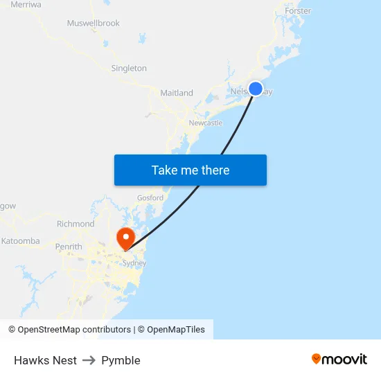 Hawks Nest to Pymble map