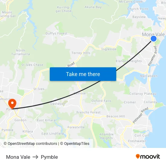 Mona Vale to Pymble map