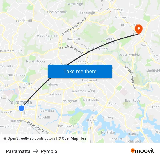 Parramatta to Pymble map