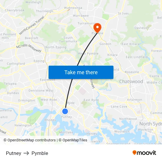 Putney to Pymble map