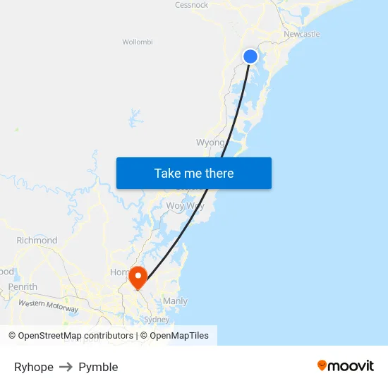Ryhope to Pymble map