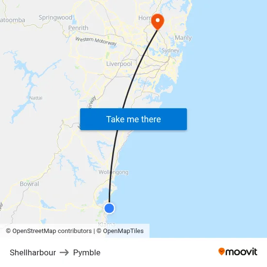 Shellharbour to Pymble map