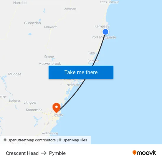 Crescent Head to Pymble map