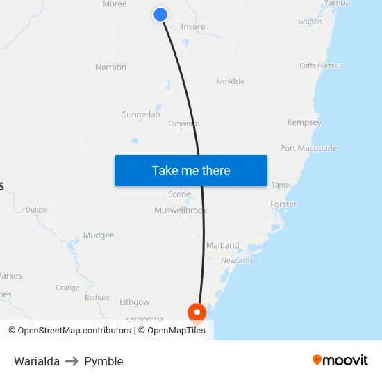 Warialda to Pymble map
