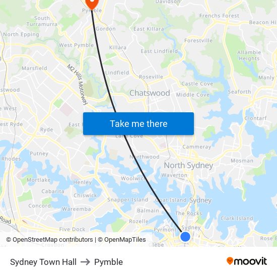 Sydney Town Hall to Pymble map