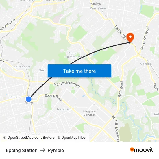 Epping Station to Pymble map