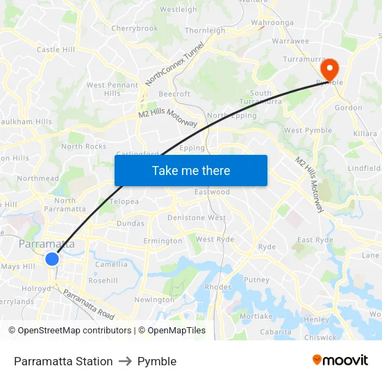 Parramatta Station to Pymble map