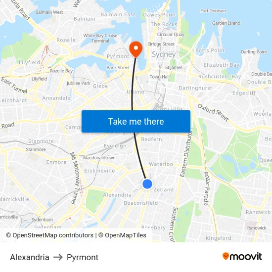 Alexandria to Pyrmont map