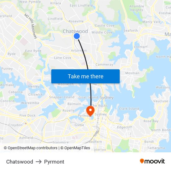 Chatswood to Pyrmont map