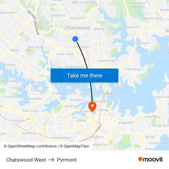 Chatswood West to Pyrmont map