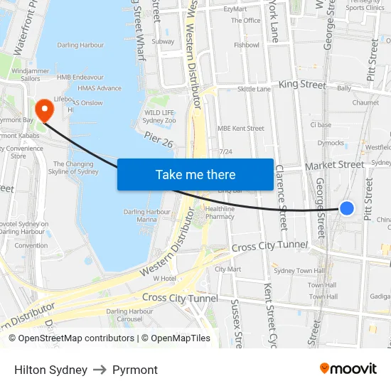 Hilton Sydney to Pyrmont map