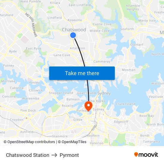 Chatswood Station to Pyrmont map