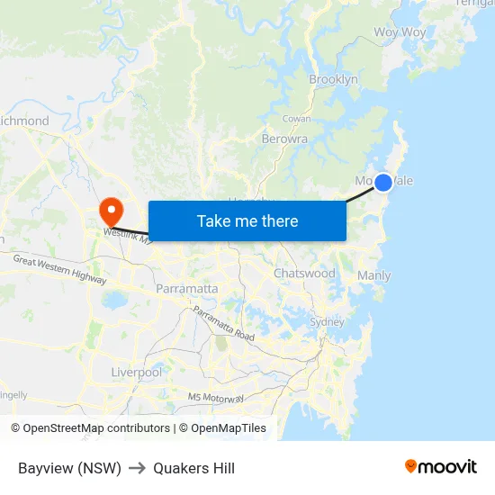 Bayview (NSW) to Quakers Hill map