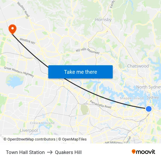 Town Hall Station to Quakers Hill map