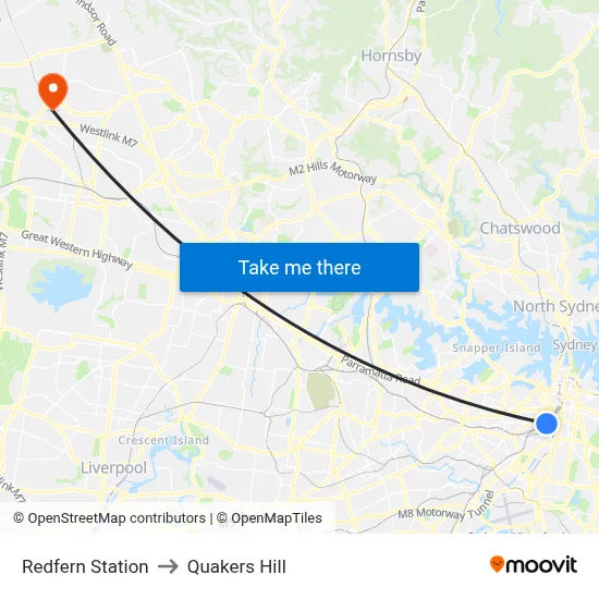 Redfern Station to Quakers Hill map
