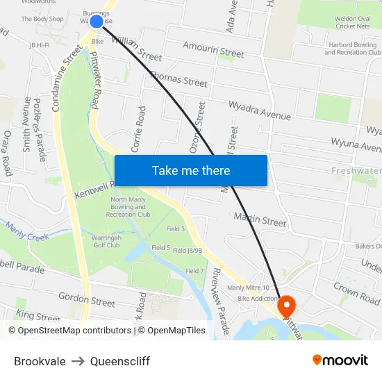 Brookvale to Queenscliff map