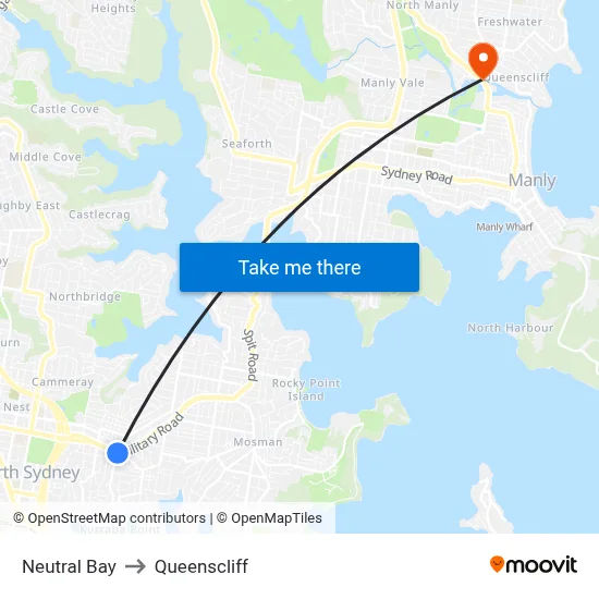 Neutral Bay to Queenscliff map
