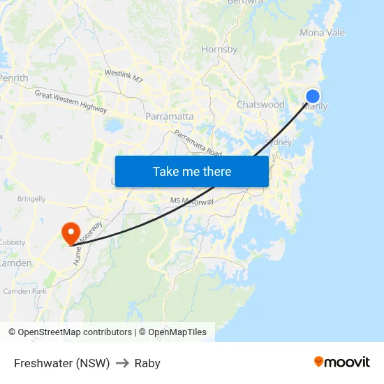 Freshwater (NSW) to Raby map