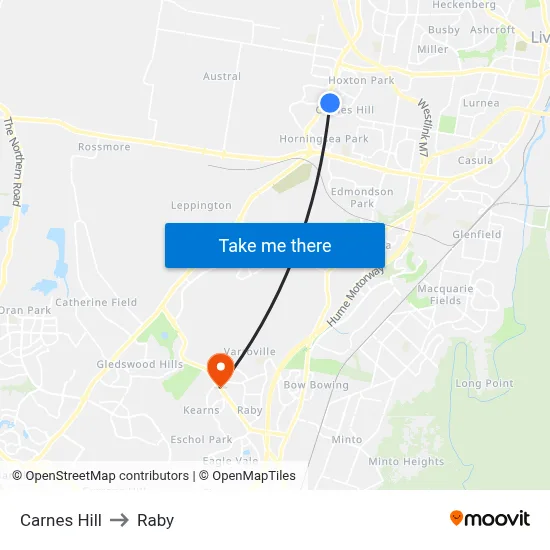 Carnes Hill to Raby map