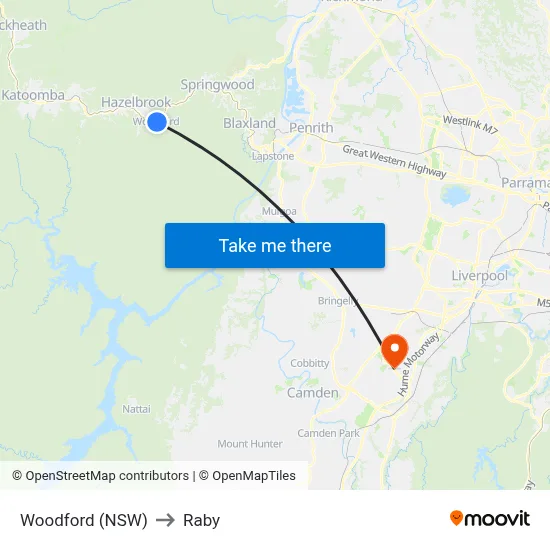 Woodford (NSW) to Raby map