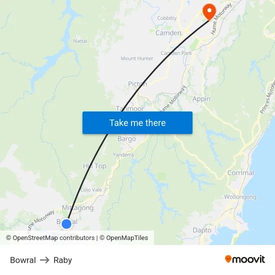 Bowral to Raby map