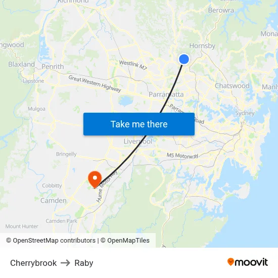 Cherrybrook to Raby map