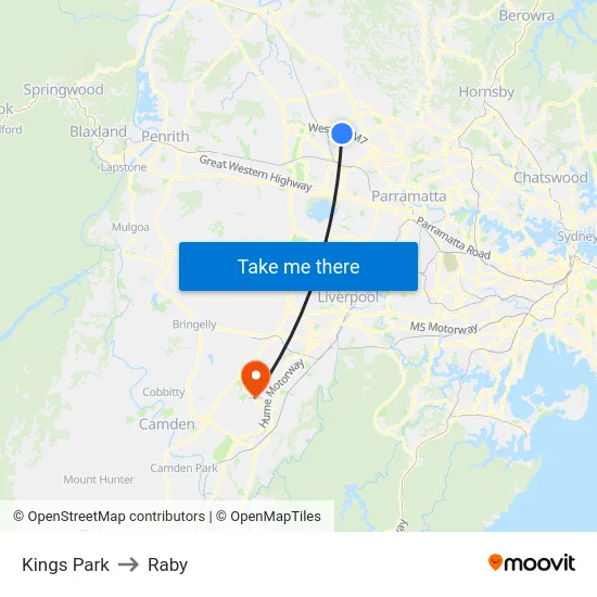 Kings Park to Raby map